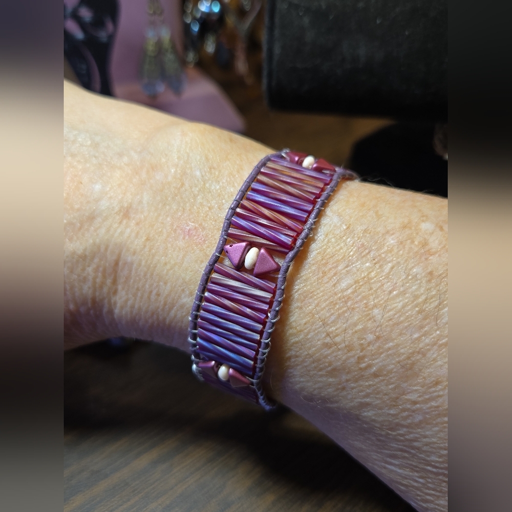 Handmade Adjustable Leather Wrapped Bracelet Purple Hues With Barrel Knots NWT